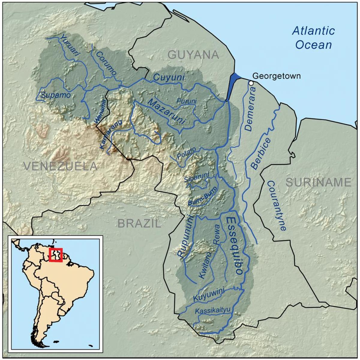 карта Гвајана, показује три главна река