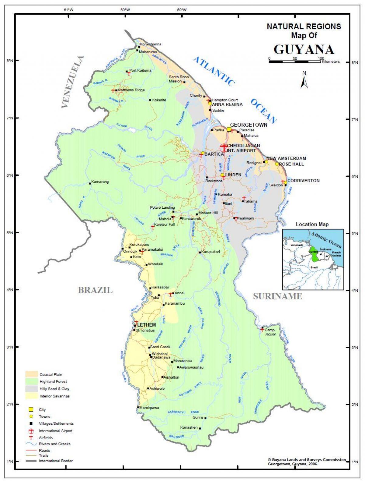 карта Гвајана, показују 4 природних региона