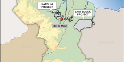 Карта Гвајана приказани су минерални ресурси