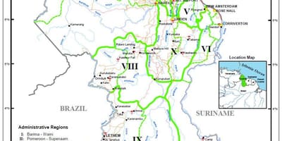 Карта Гвајана, са десет административних региона